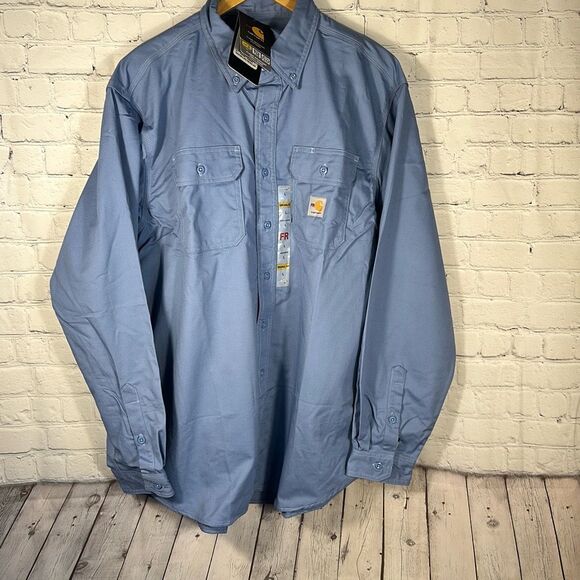 Carhartt Mens Flame Resistant Original Fit Blue Button Down Long Sleeve Shirt L - Picture 1 of 10